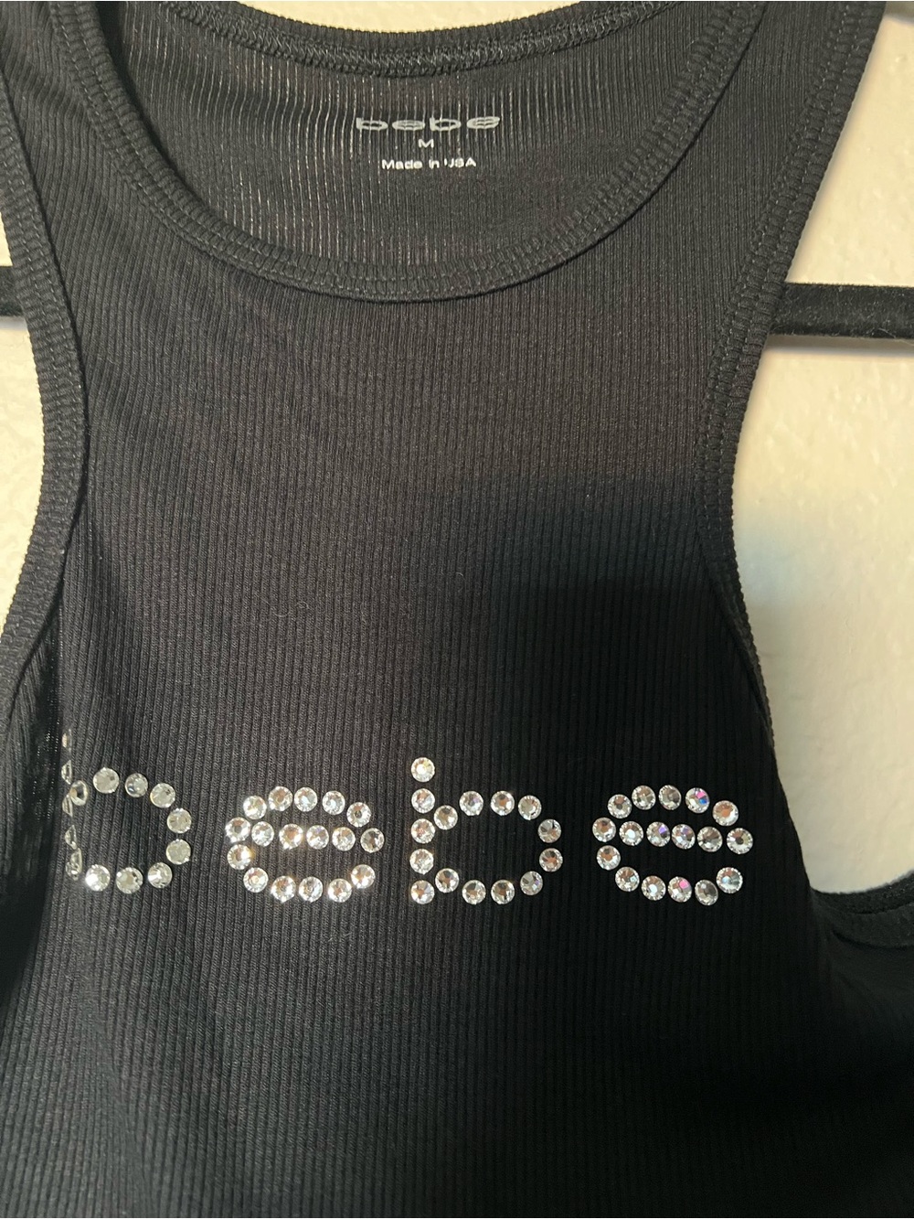 bebe Black Ribbed Tank with Rhinestone Logo - Picture 4 of 7